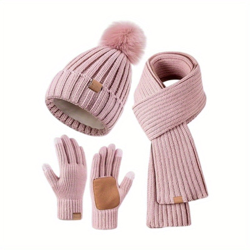 3-Piece Winter Knit Set: Hat, Scarf & Touchscreen Gloves