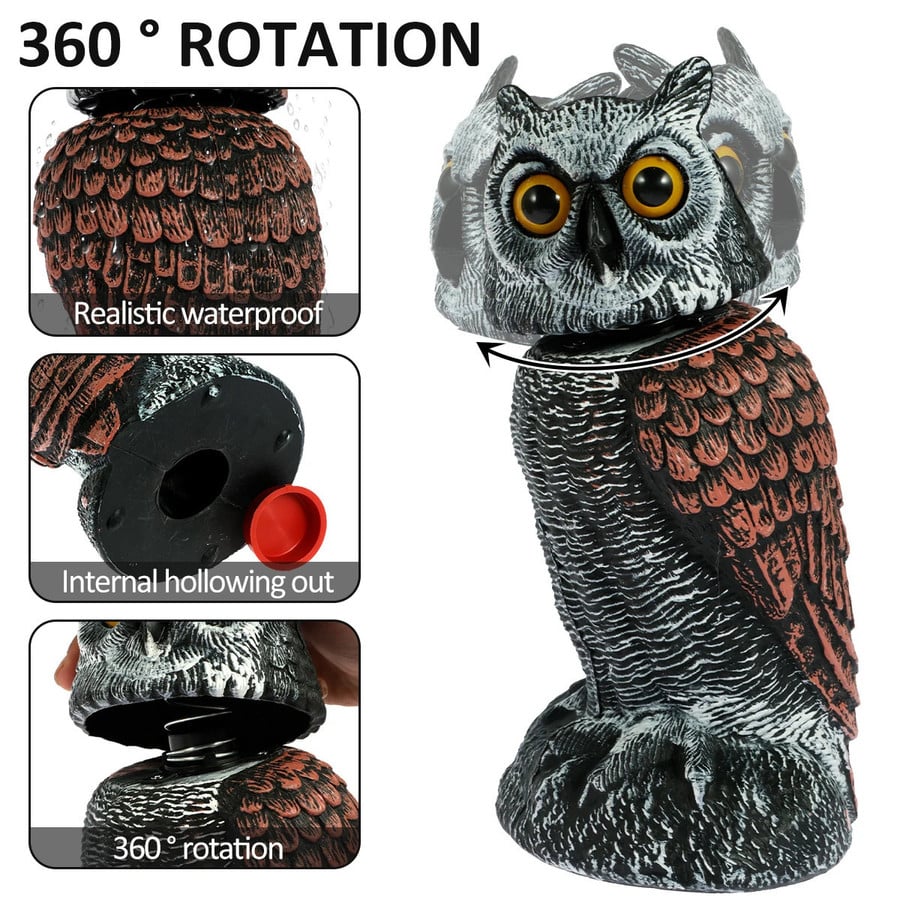 2-Pack Realistic Owl Decoys with Rotating Head for Bird and Pest Control