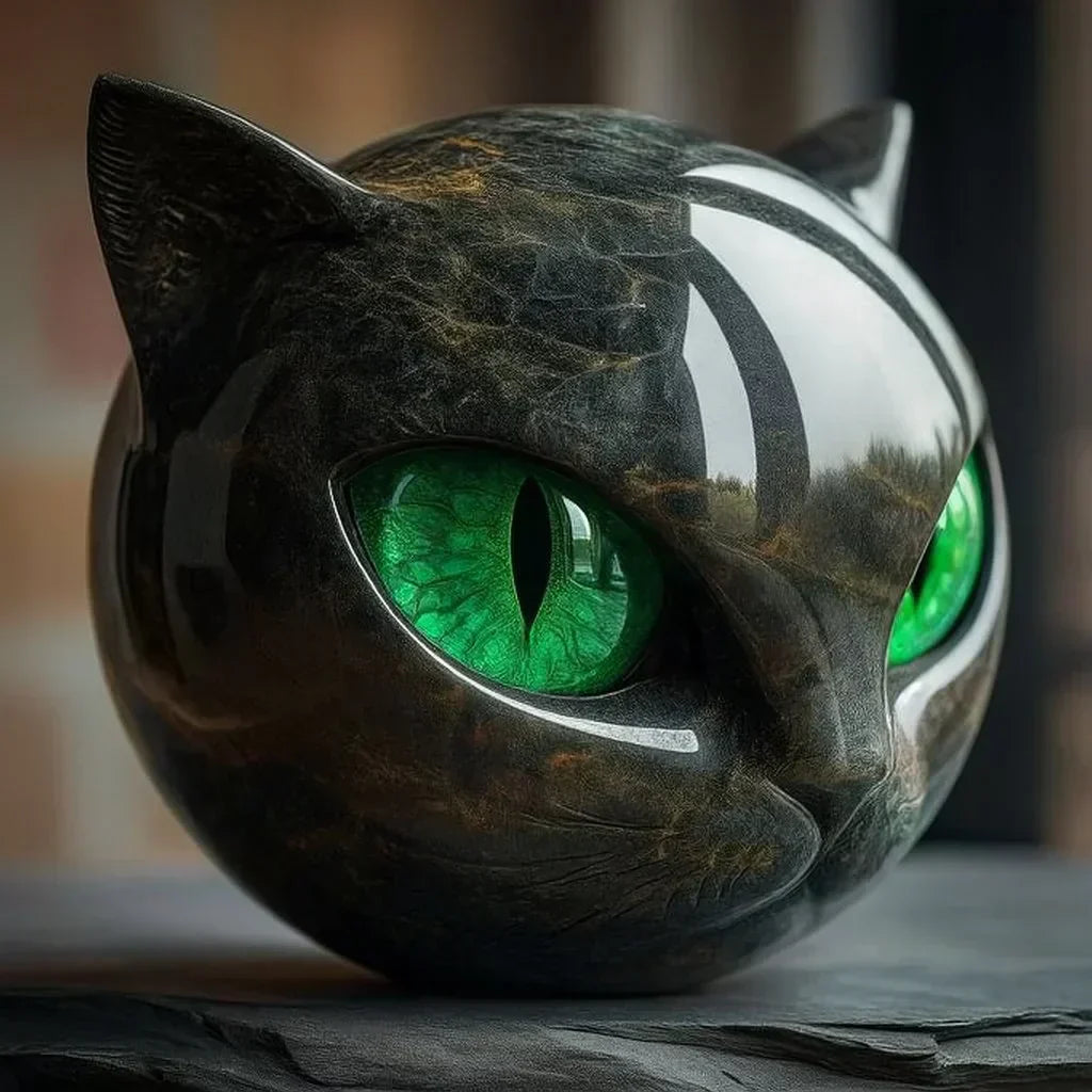 Black Cat Head Sculpture with Mesmerizing Eyes