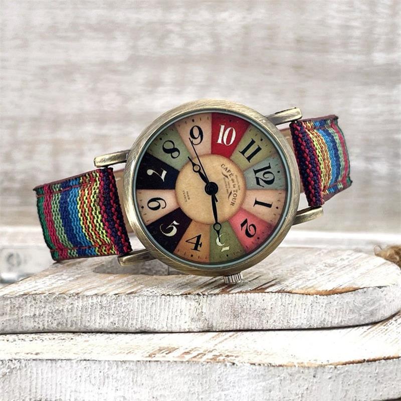 Multicolored Rainbow Pattern Watch with Adjustable Woven Strap