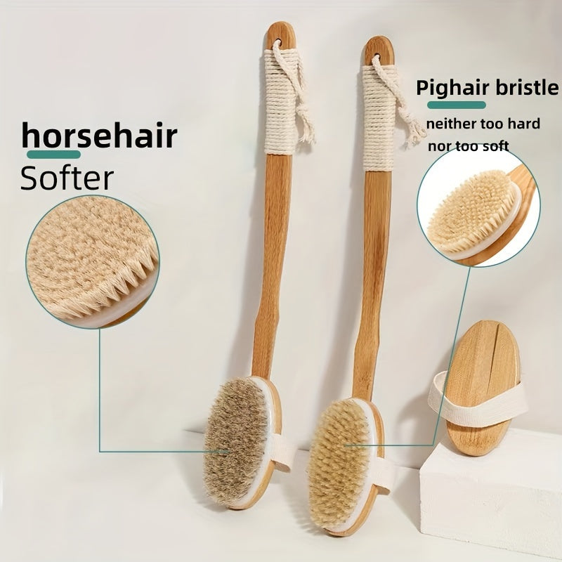 Long-Handled Bath Brush with Soft Natural Boar Bristles for Back Cleansing