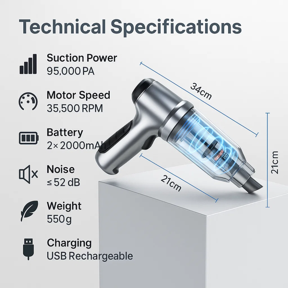 Compact Cordless Car Vacuum - High Suction Handheld Cleaner for Fast Auto Care