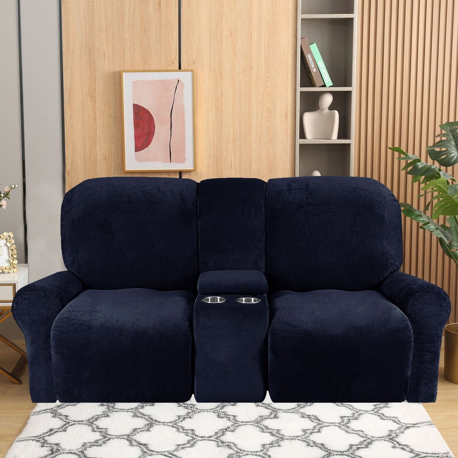 Velvet Plush 2-Seater Recliner Sofa Slipcover with Cup Holders
