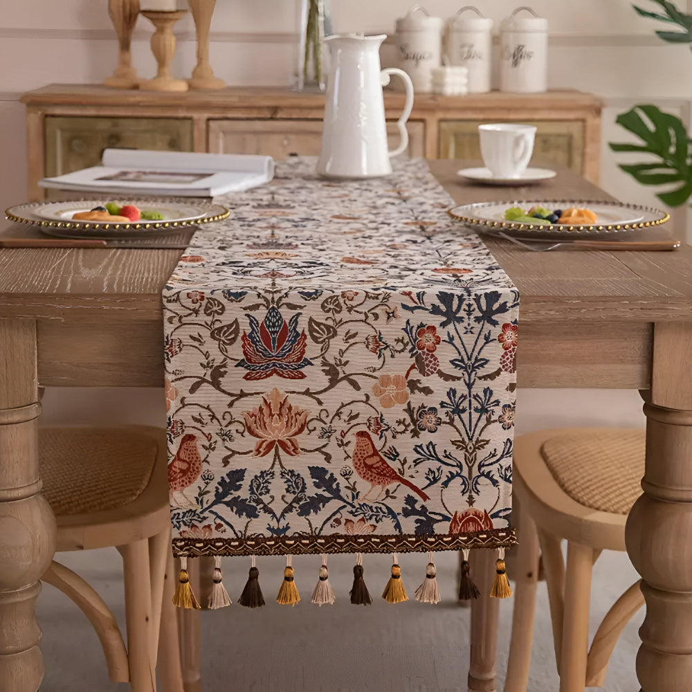 Vintage Floral & Bird Jacquard Table Runner with Tassel Accents