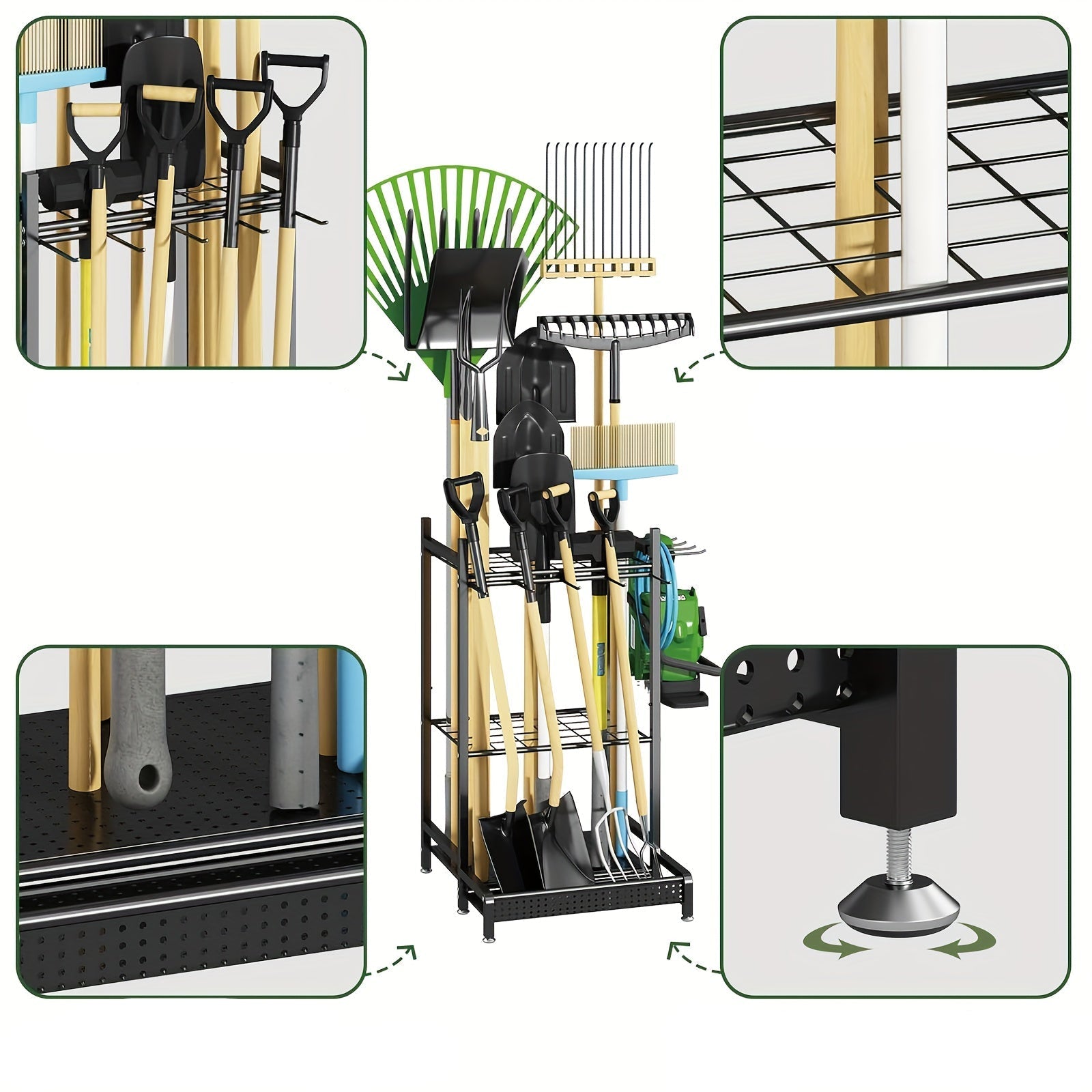Heavy-Duty Black Metal Garden Rack – Robust Outdoor Tool & Hose Storage Organizer