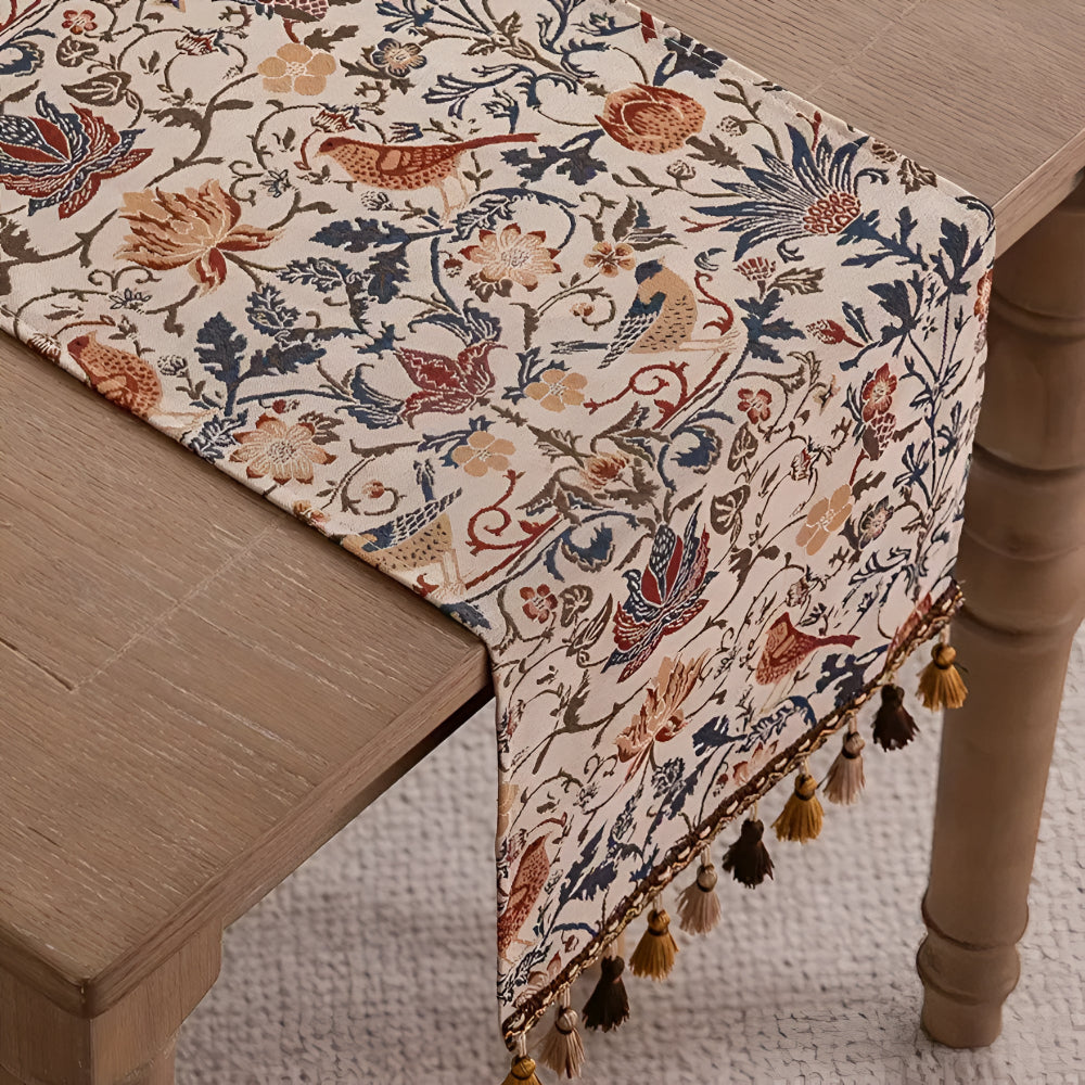 Vintage Floral & Bird Jacquard Table Runner with Tassel Accents