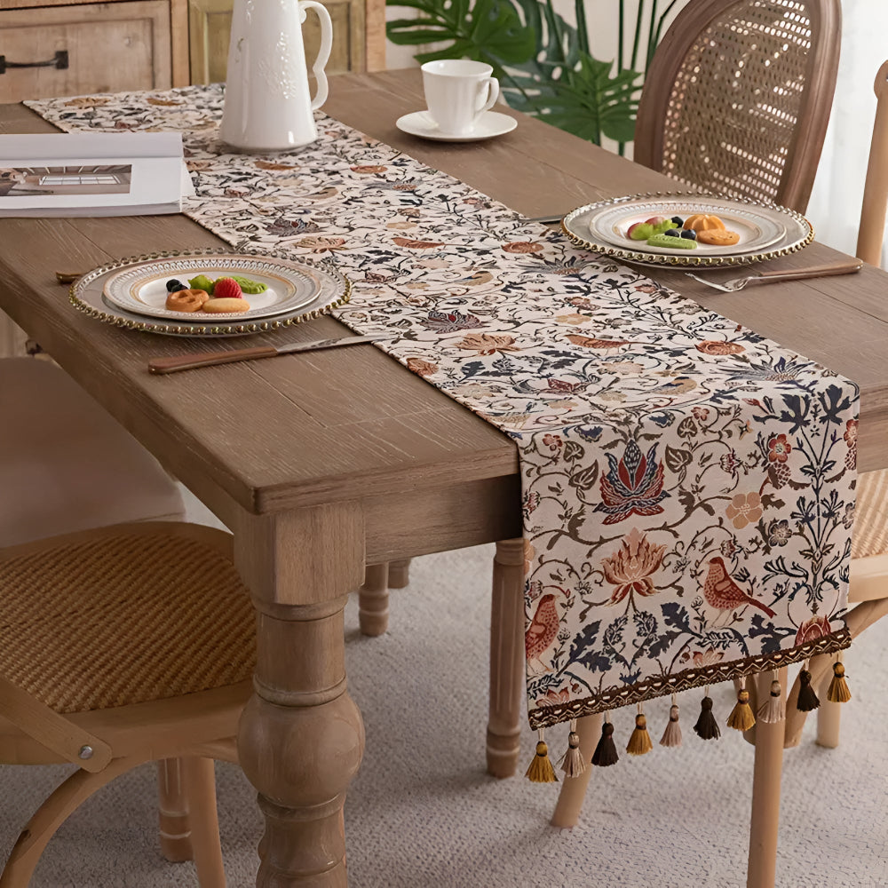 Vintage Floral & Bird Jacquard Table Runner with Tassel Accents