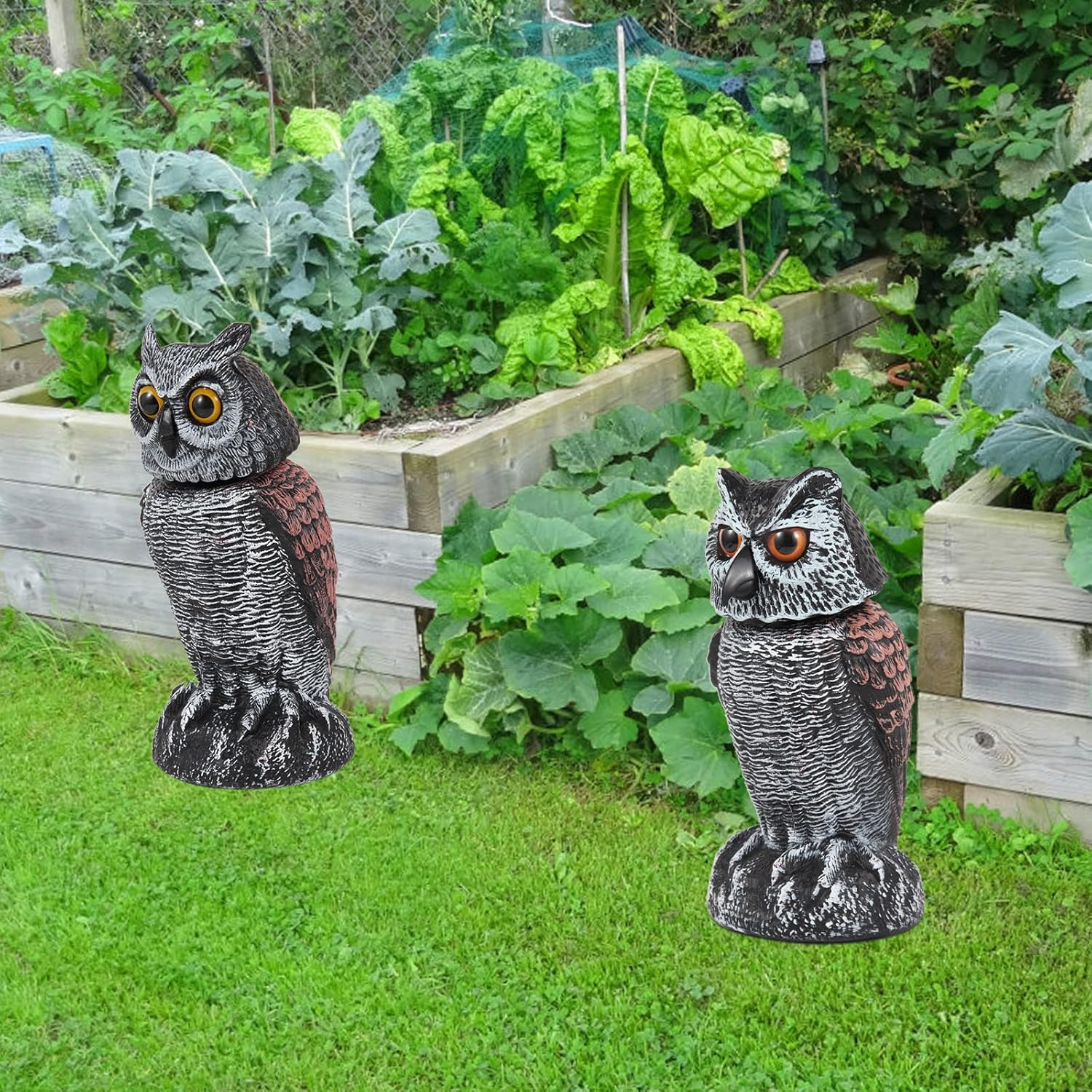 2-Pack Realistic Owl Decoys with Rotating Head for Bird and Pest Control
