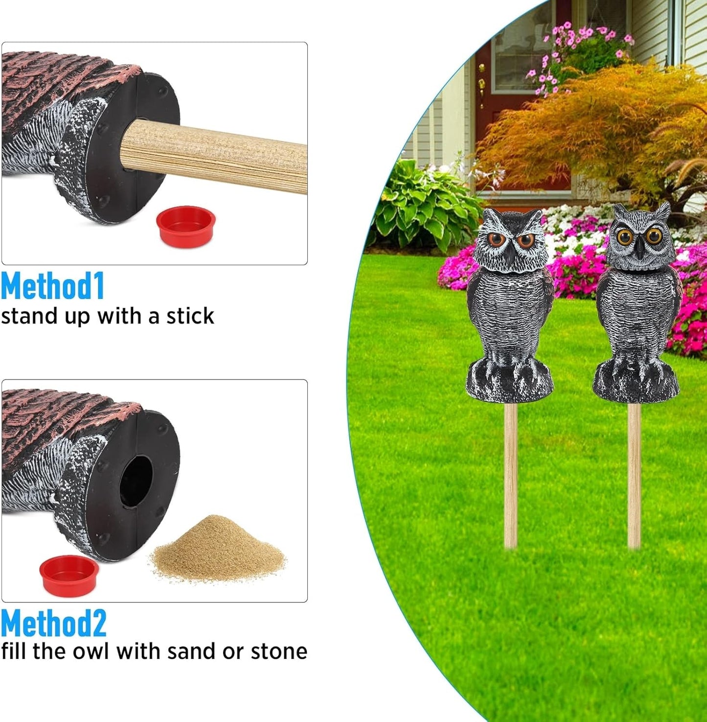 2-Pack Realistic Owl Decoys with Rotating Head for Bird and Pest Control