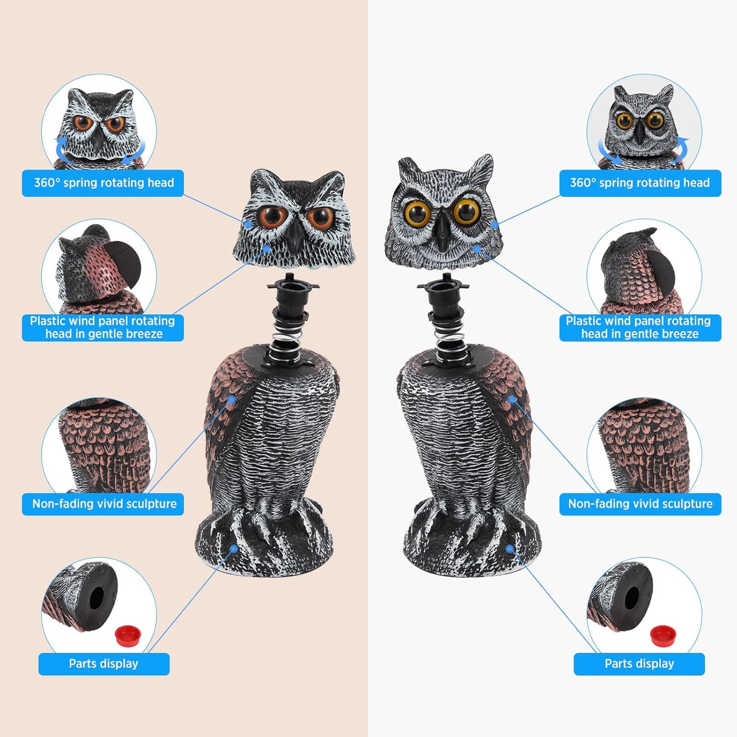2-Pack Realistic Owl Decoys with Rotating Head for Bird and Pest Control