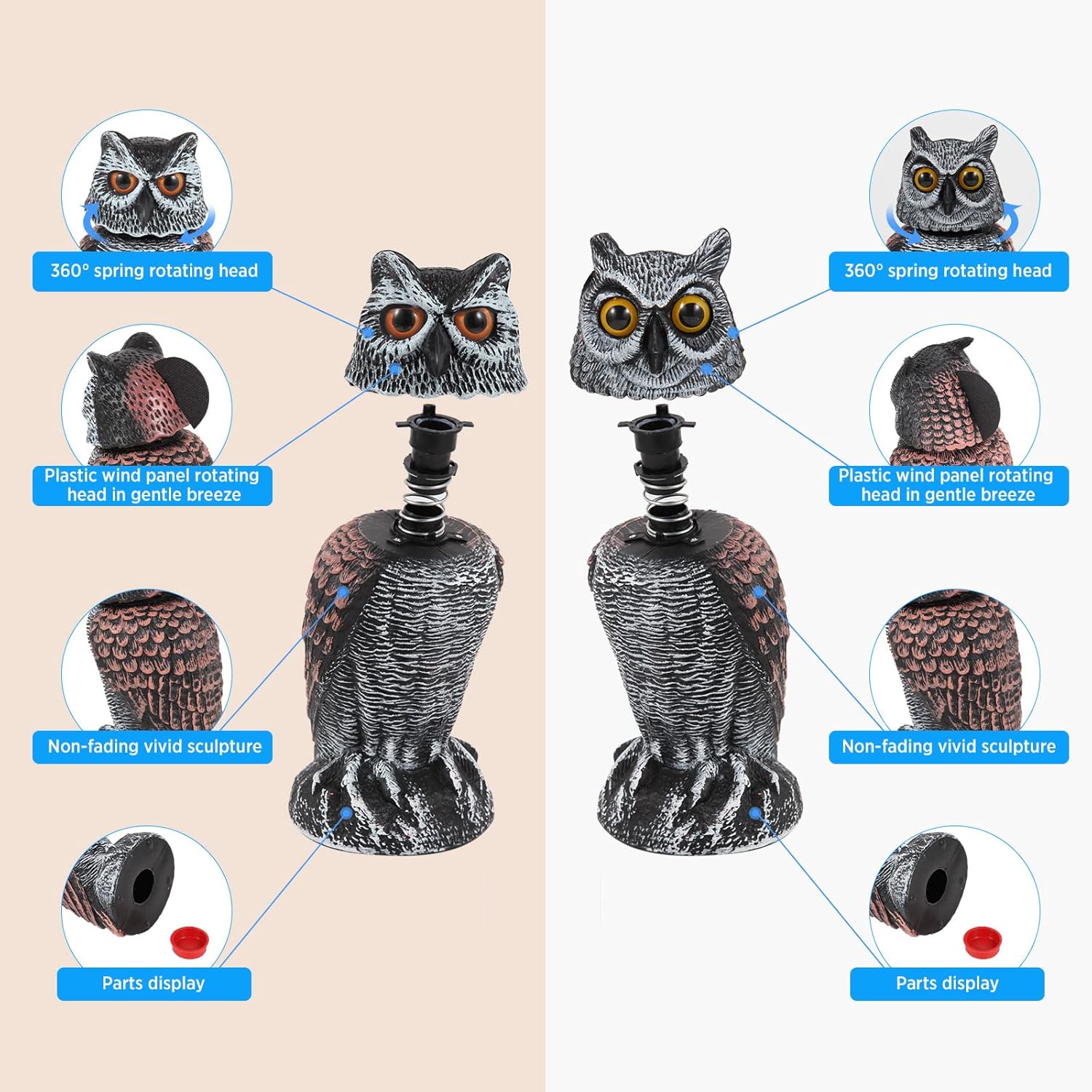 2-Pack Realistic Owl Decoys with Rotating Head for Bird and Pest Control
