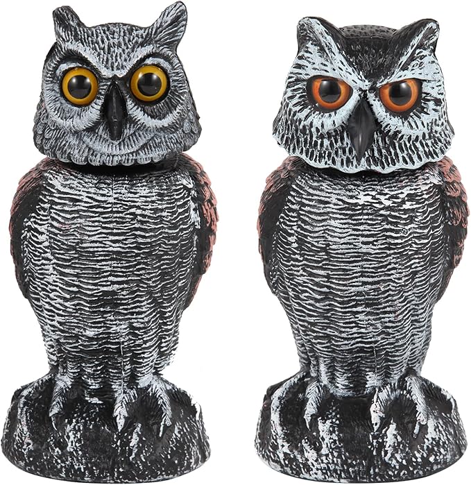 2-Pack Realistic Owl Decoys with Rotating Head for Bird and Pest Control