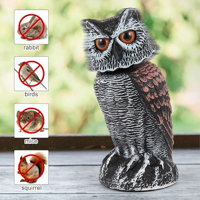 2-Pack Realistic Owl Decoys with Rotating Head for Bird and Pest Control