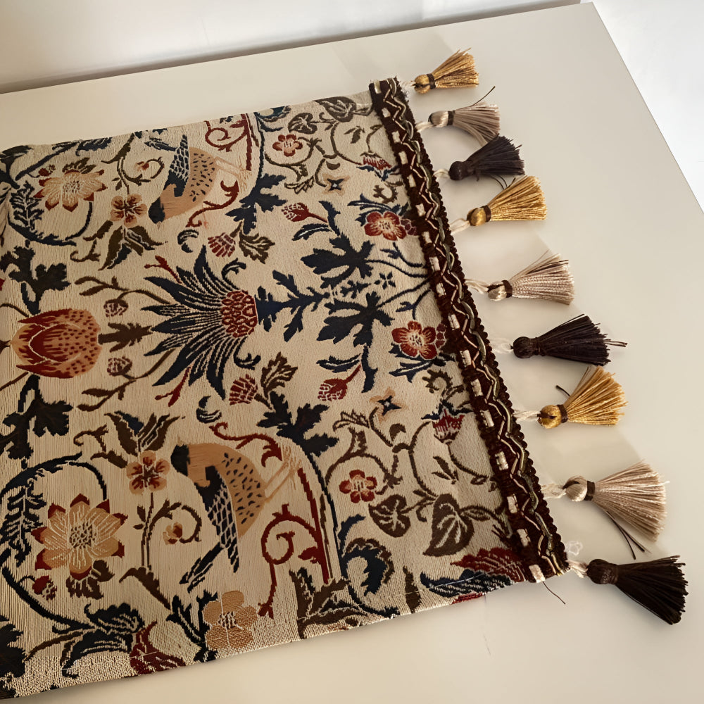 Vintage Floral & Bird Jacquard Table Runner with Tassel Accents