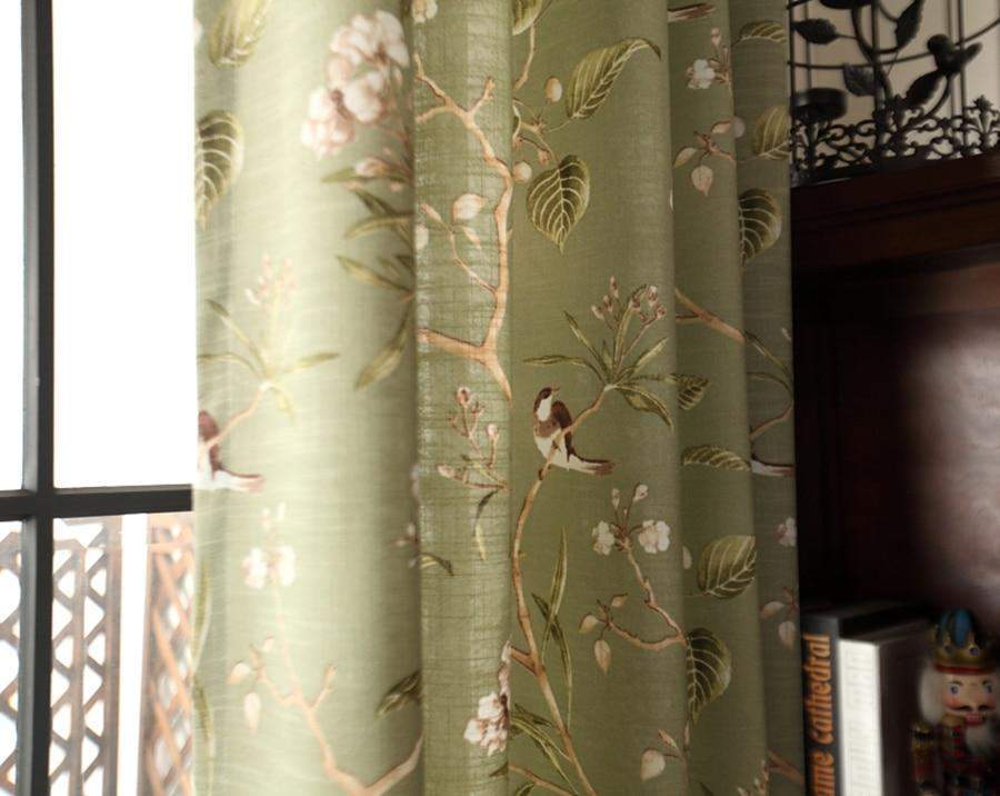 Green Floral Bird Blackout Curtains
