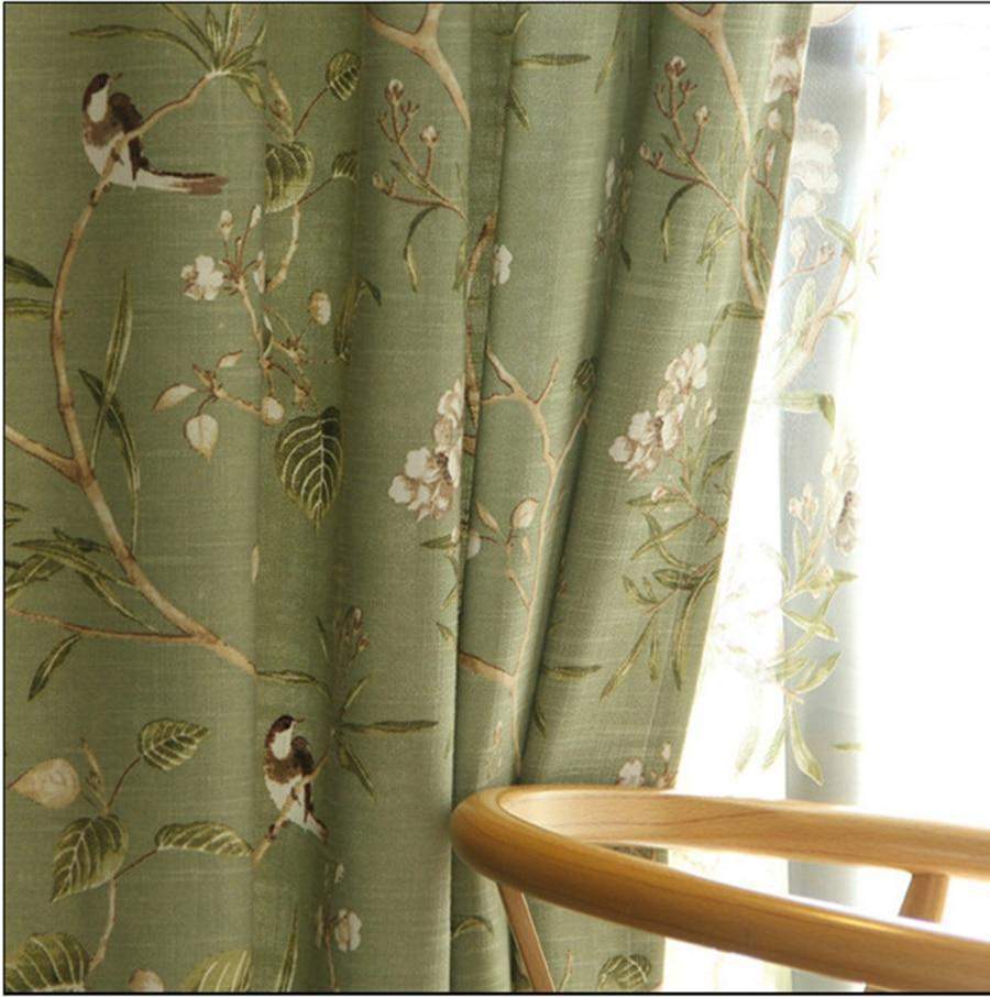 Green Floral Bird Blackout Curtains