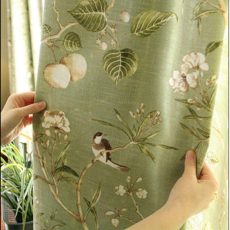 Green Floral Bird Blackout Curtains