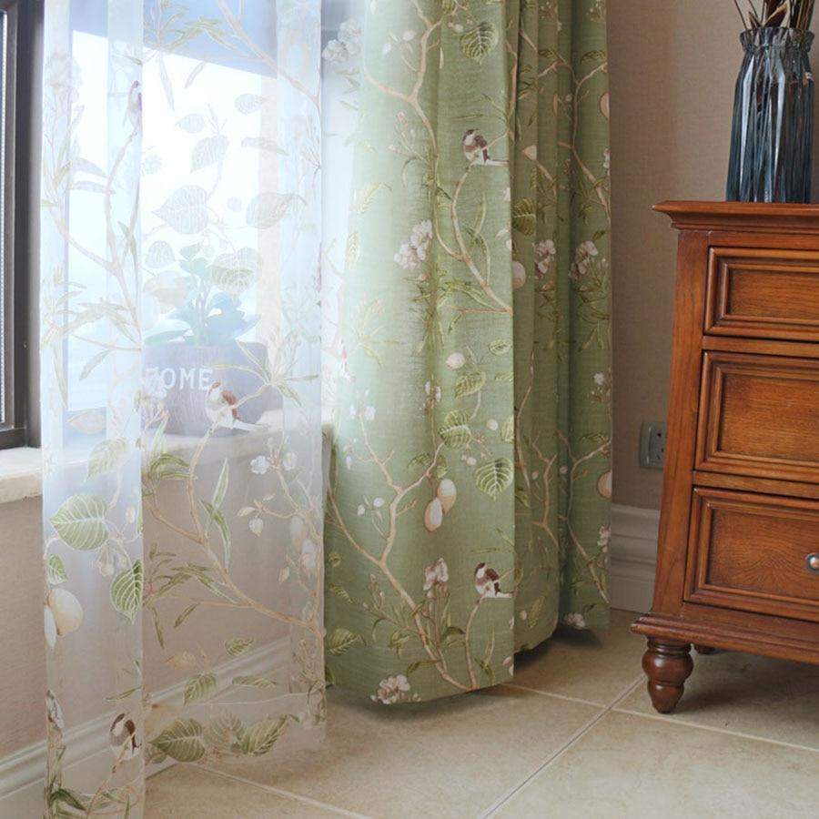 Green Floral Bird Blackout Curtains