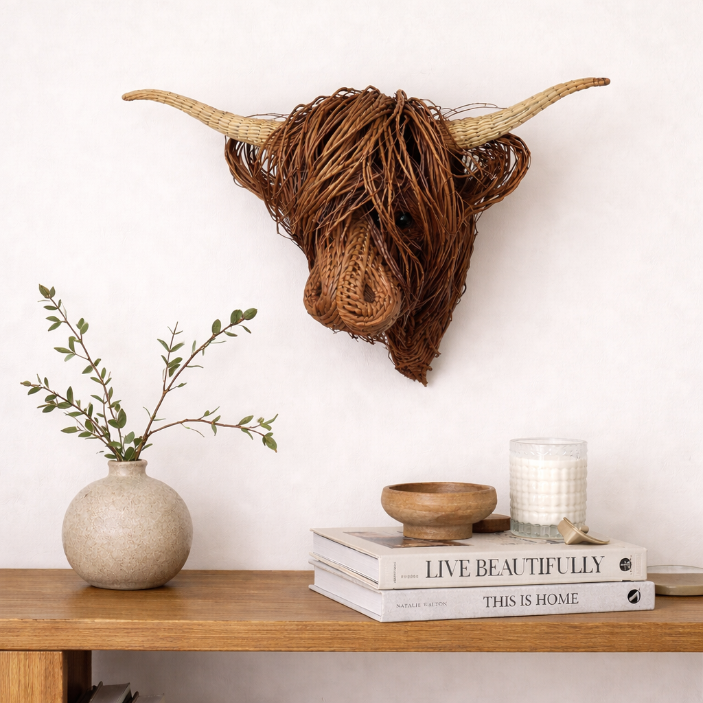 Highland Cow Head Wall Art – Woven Willow Sculpture