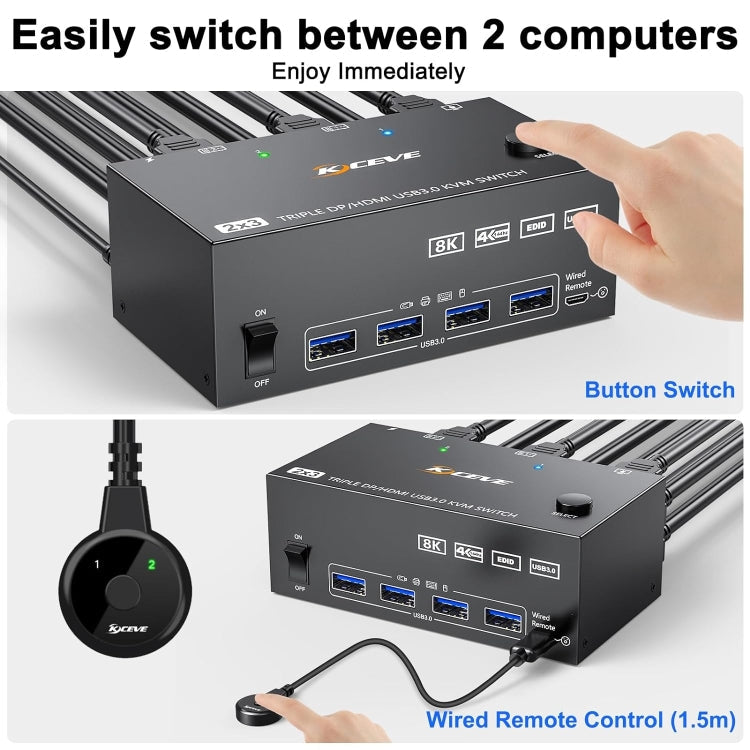 8K USB 3.0 KVM Switch for Triple Monitors with EU Plug