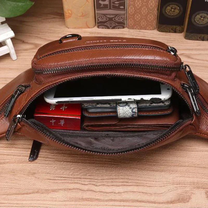 Genuine Leather Men's Waist Bag – Large Capacity Belt & Crossbody Travel Pack