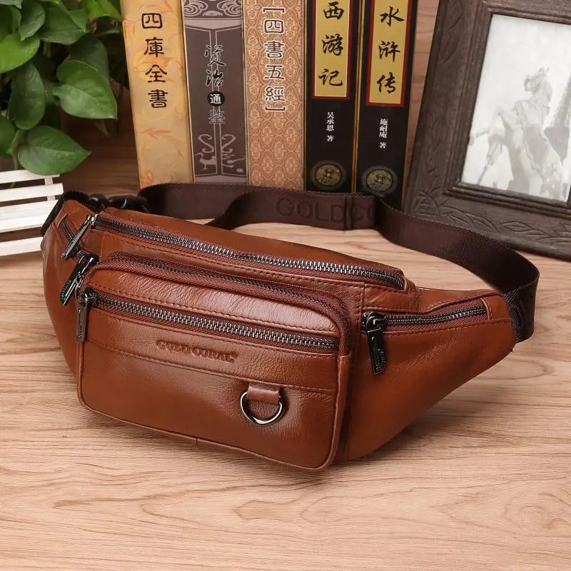 Genuine Leather Men's Waist Bag – Large Capacity Belt & Crossbody Travel Pack