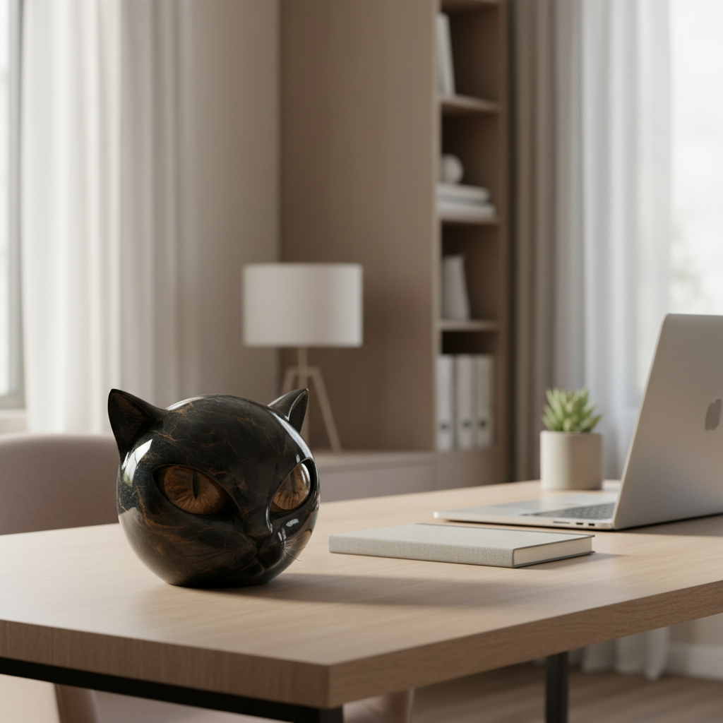 Black Cat Head Sculpture with Mesmerizing Eyes
