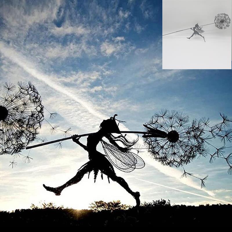 Fairy and Dandelion Dance Metal Sculpture for Outdoor Garden Decor