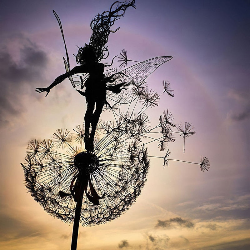 Fairy and Dandelion Dance Metal Sculpture for Outdoor Garden Decor
