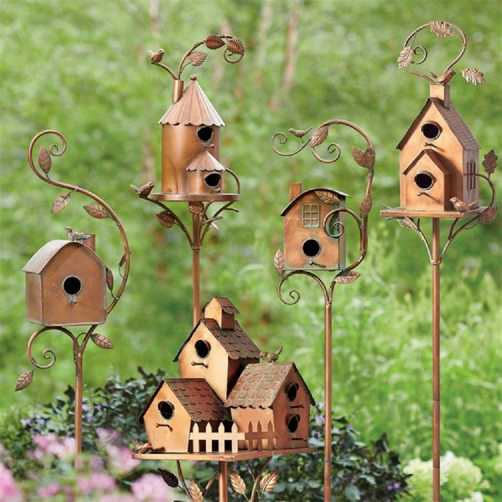 Metal Art Birdhouse Stake for Gardens - FeatherNest Design