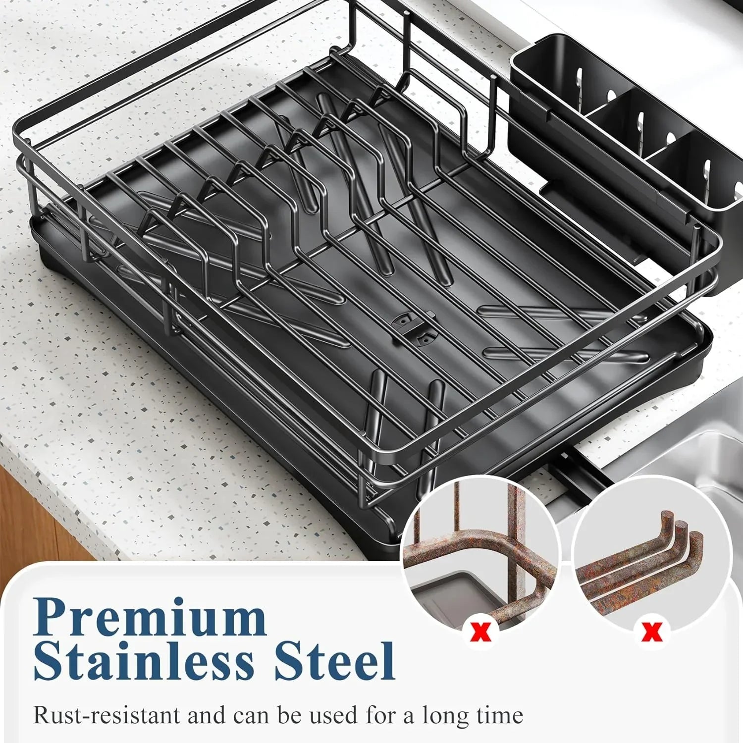 Dish Drying Rack with Swivel Drainboard & Spacious Utensil Holder