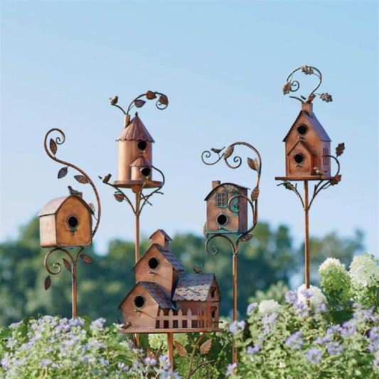 Metal Art Birdhouse Stake for Gardens - FeatherNest Design