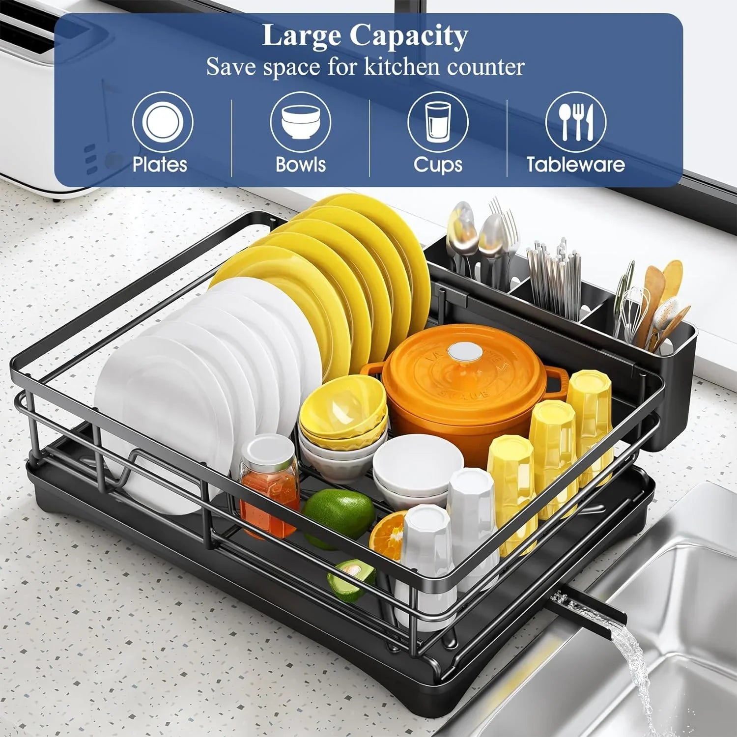 Dish Drying Rack with Swivel Drainboard & Spacious Utensil Holder