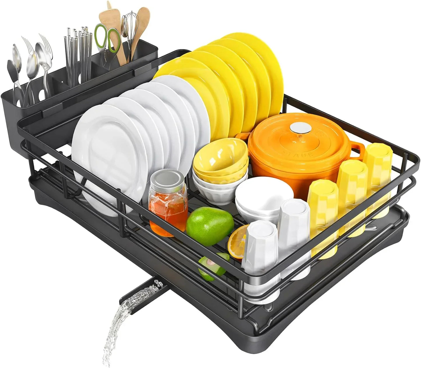 Dish Drying Rack with Swivel Drainboard & Spacious Utensil Holder
