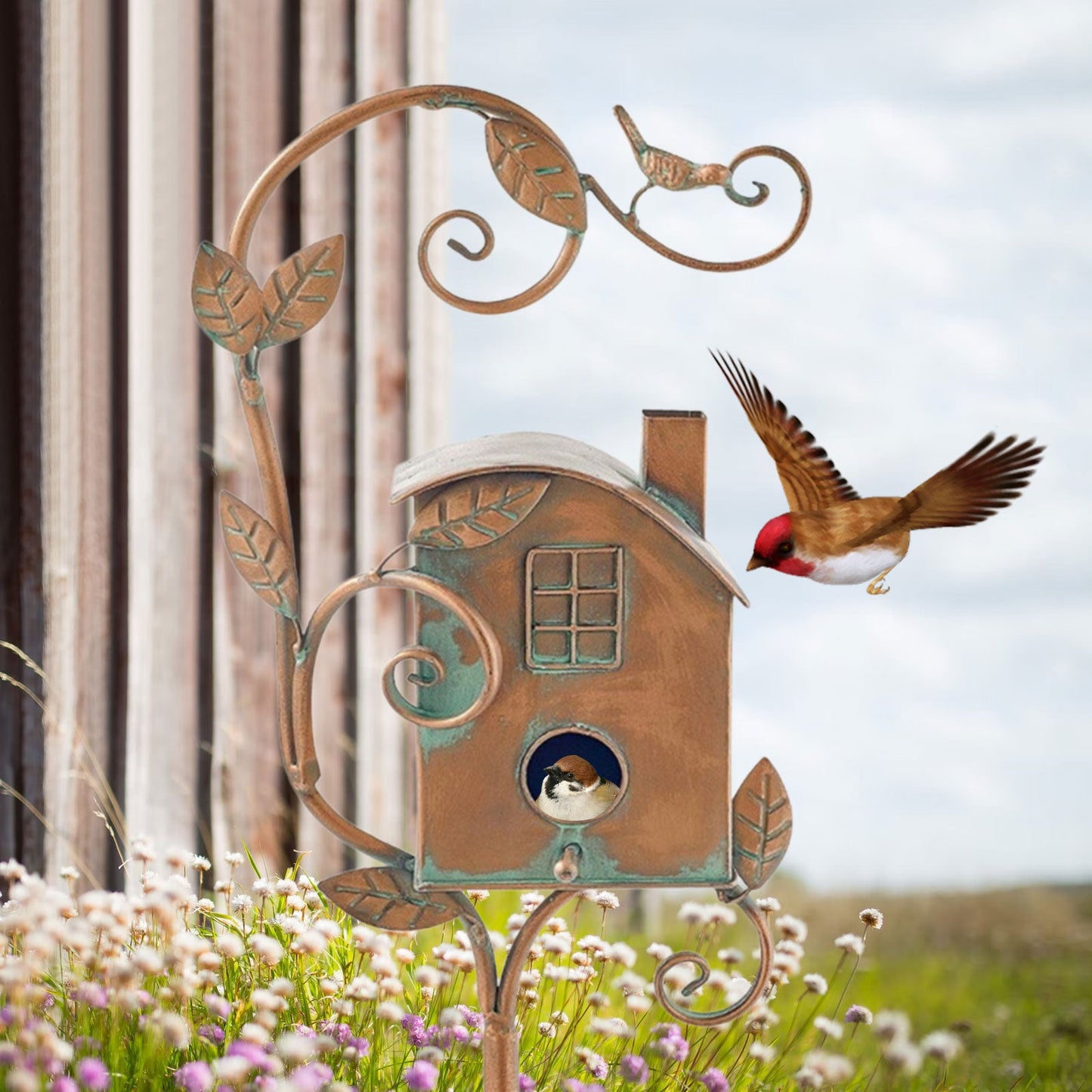 Metal Art Birdhouse Stake for Gardens - FeatherNest Design