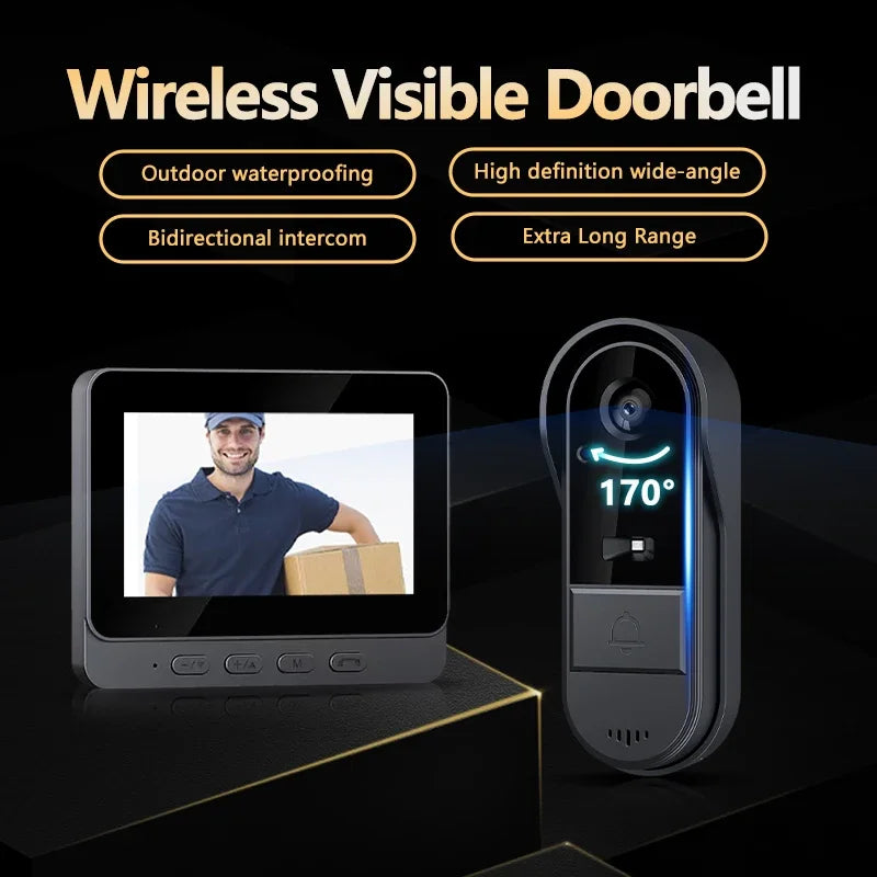 Wireless Video Doorbell with Night Vision & Intercom, 4.3" Display, Weatherproof