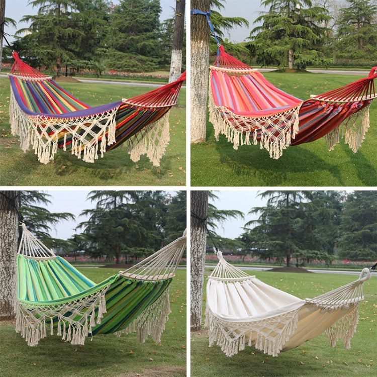 200x150cm White Canvas Hammock with Fringe and Pole for Camping