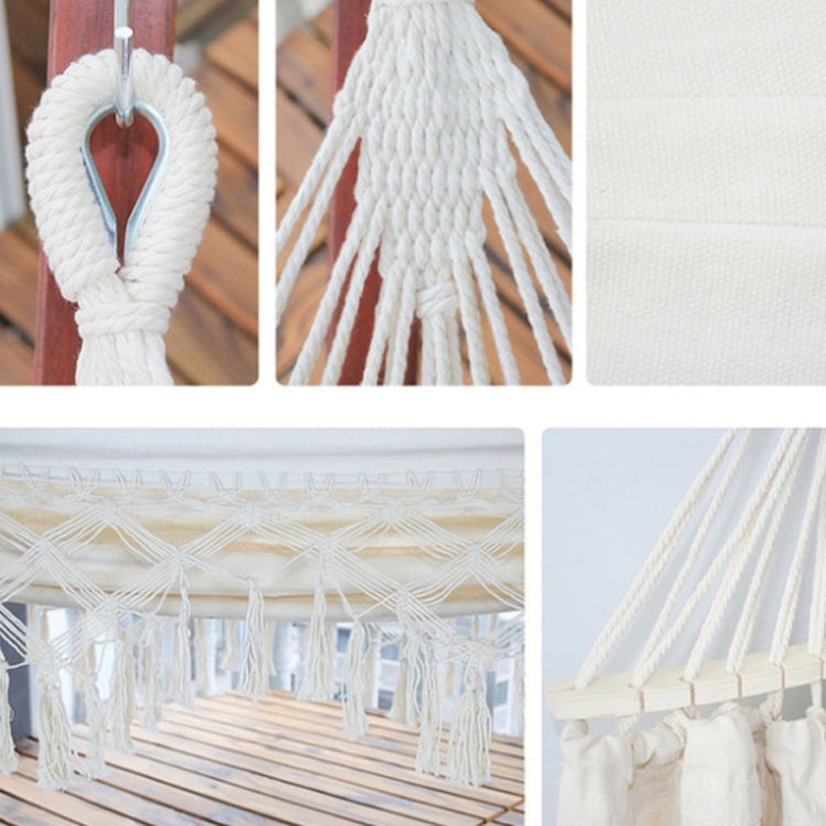 200x150cm White Canvas Hammock with Fringe and Pole for Camping