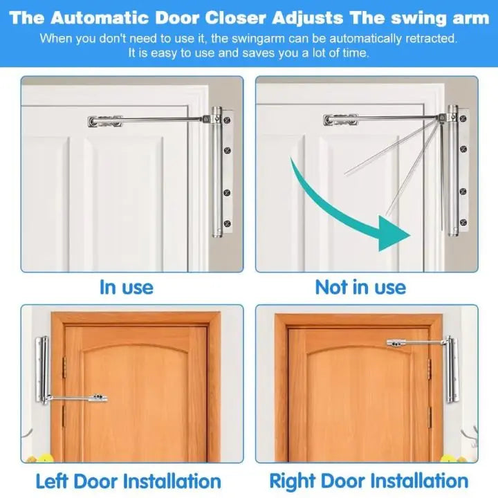 Automatic Door Closer - Quiet Stainless Steel, Easy to Install