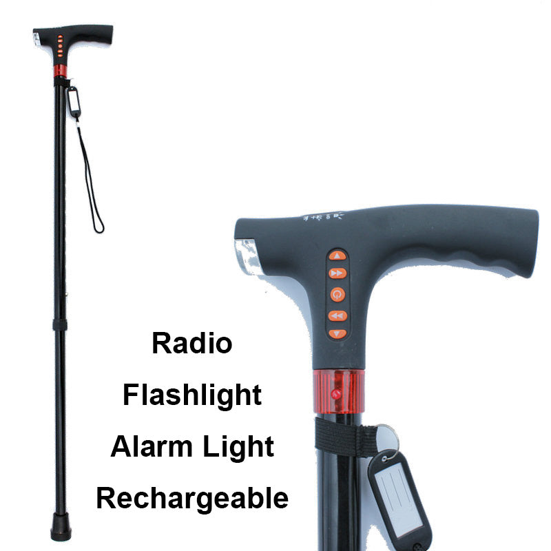 Smart Walking Cane with LED Light, Radio, and Emergency Alarm, Adjustable