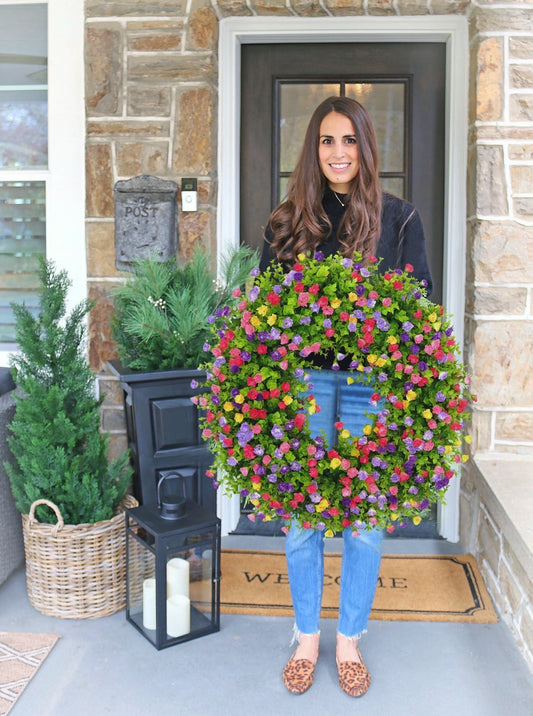 Spring & Summer Floral Wreath for Front Door | Handmade Grapevine Accent