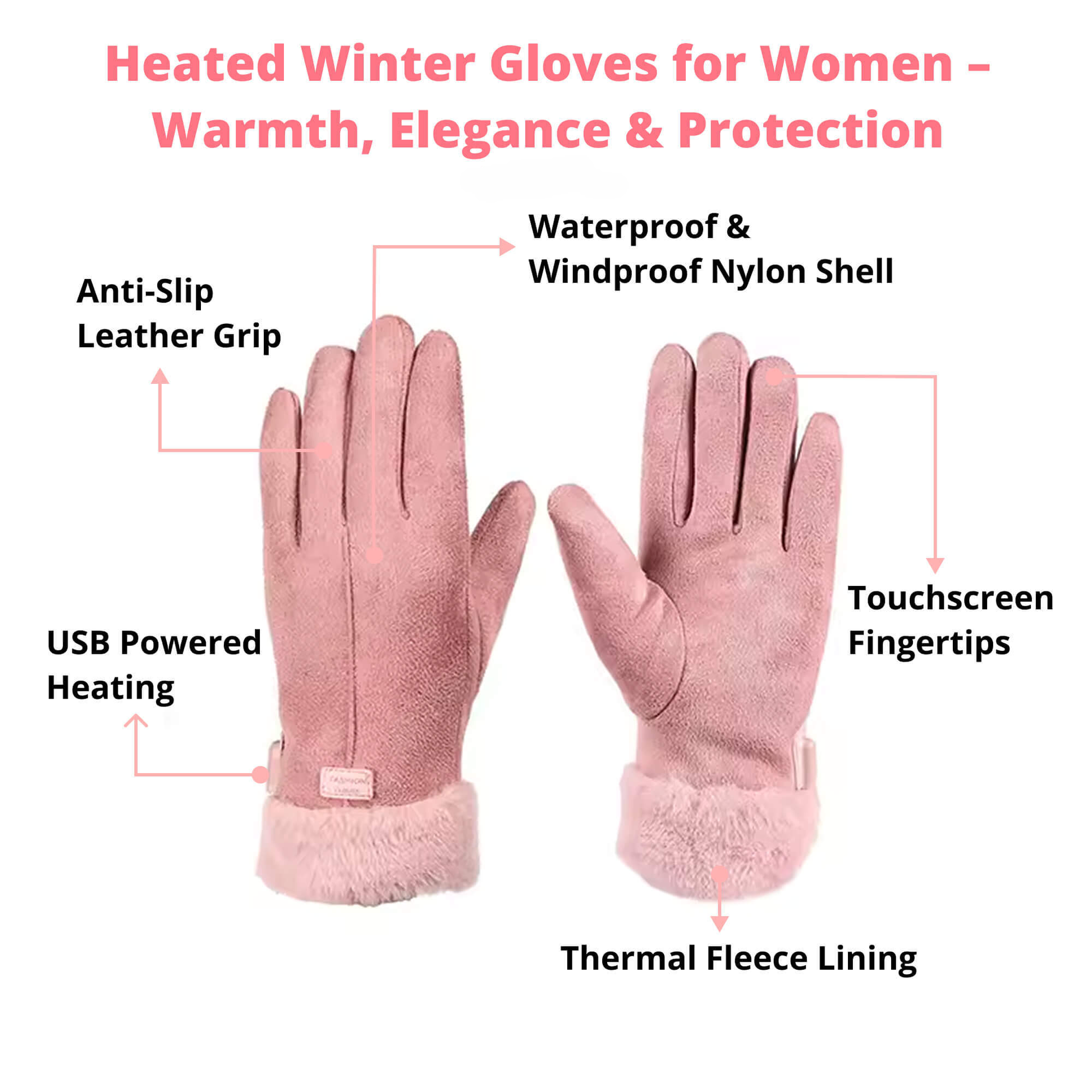 Heated Ladies' Thermal Waterproof Winter Gloves with Touchscreen & USB Charging