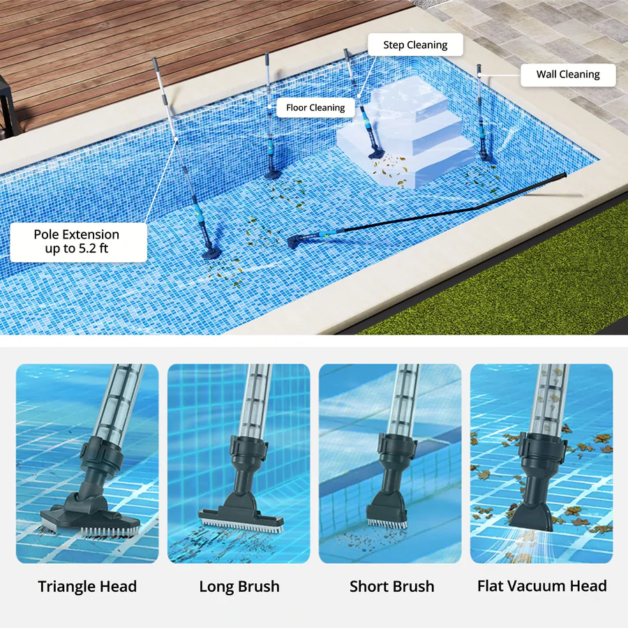 Cordless Rechargeable Pool Cleaner with Versatile Interchangeable Heads