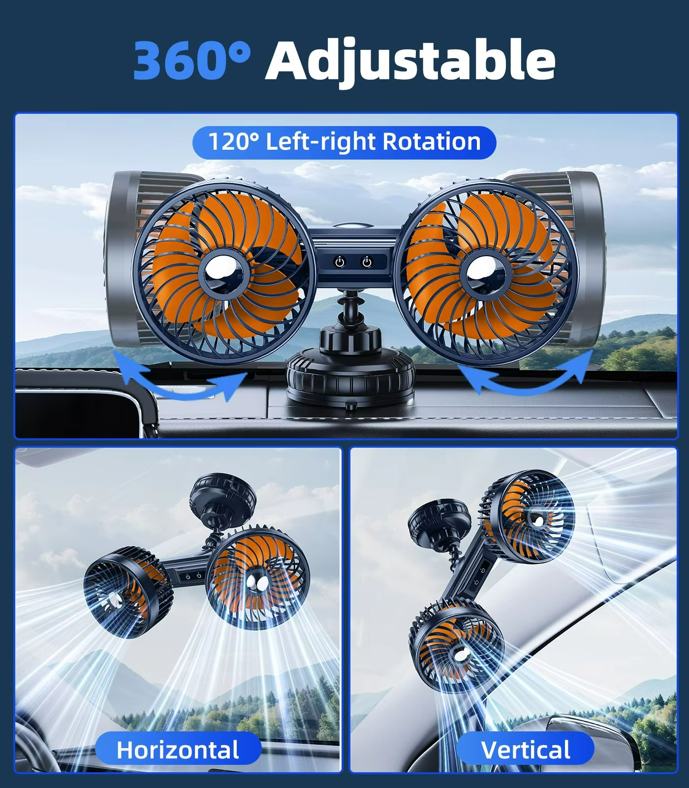 Wireless Car Fan with 4000 mAh Battery and Adjustable 3-Speed Settings