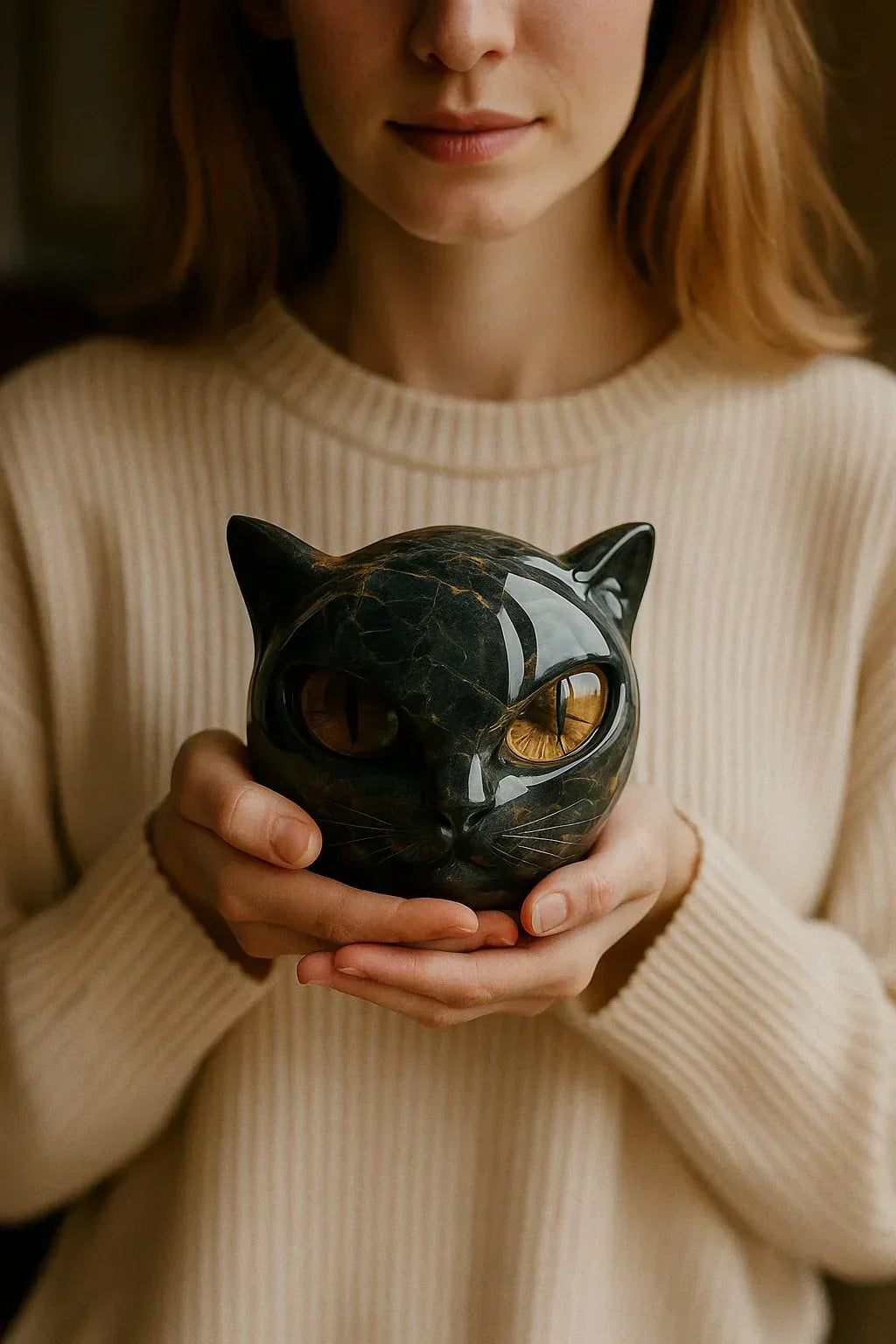 Black Cat Head Sculpture with Mesmerizing Eyes