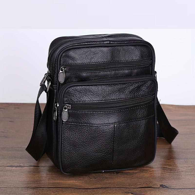 Men's Genuine Cowhide Leather Crossbody Bag with Adjustable Strap