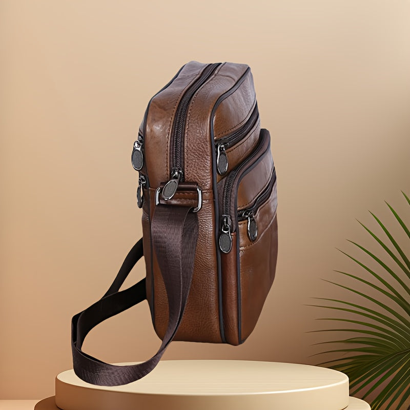 Men's Genuine Cowhide Leather Crossbody Bag with Adjustable Strap