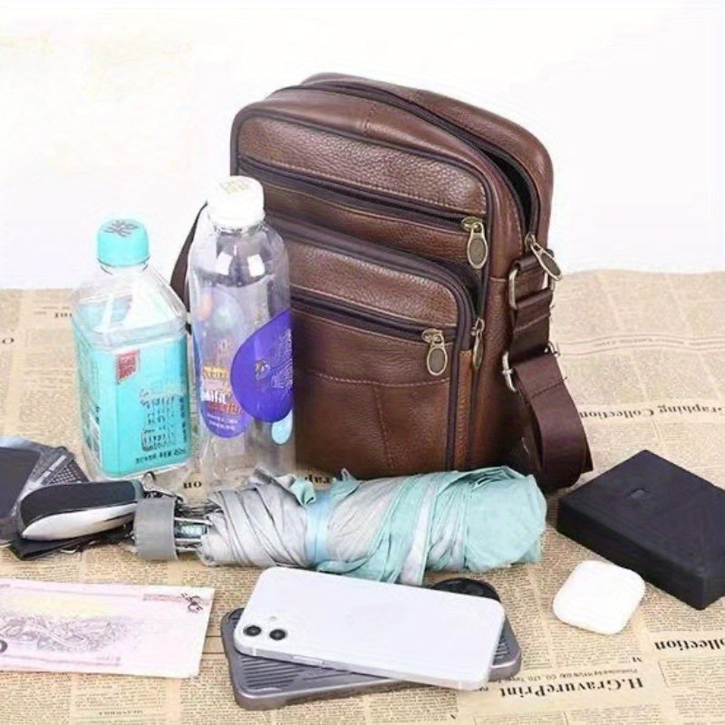 Men's Genuine Cowhide Leather Crossbody Bag with Adjustable Strap