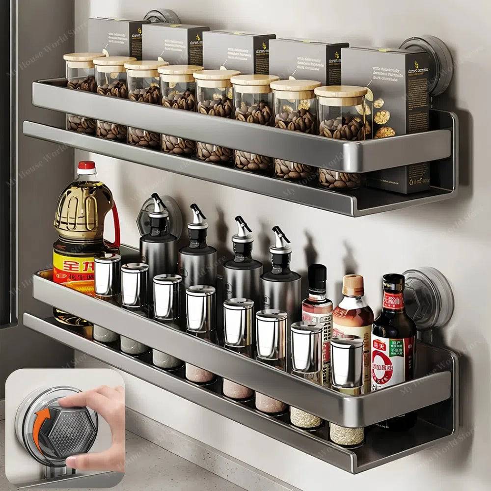 Wall-Mounted Spice Organizer with Suction Cups for Easy Kitchen Storage