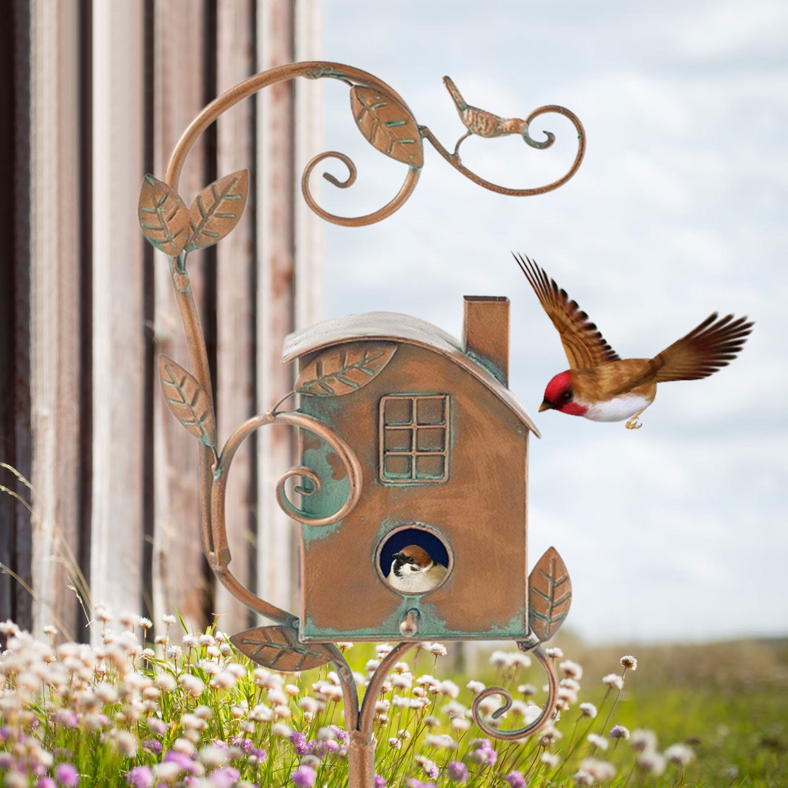 Metal Art Birdhouse on a Garden Stake for Outdoor Charm